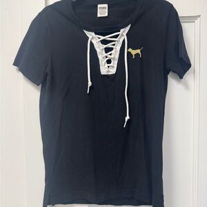 PINK VS Black Lace-Up Tee with Gold Logo